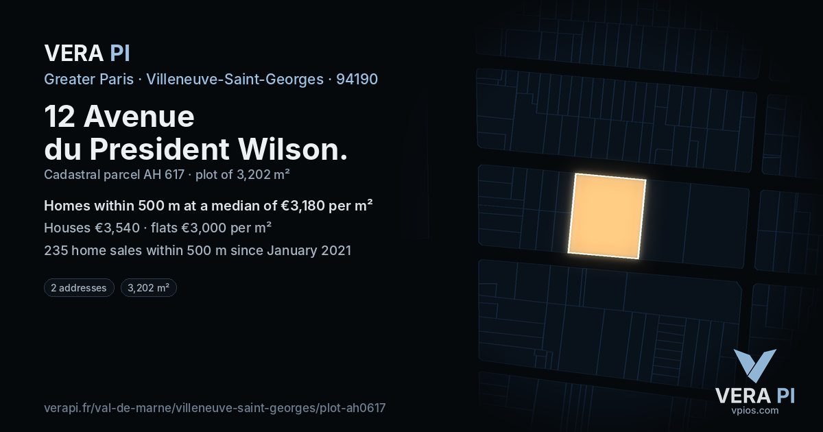 12 Avenue du President Wilson, Villeneuve-Saint-Georges at night – the plot lit, the parcels around coloured by the prices near them