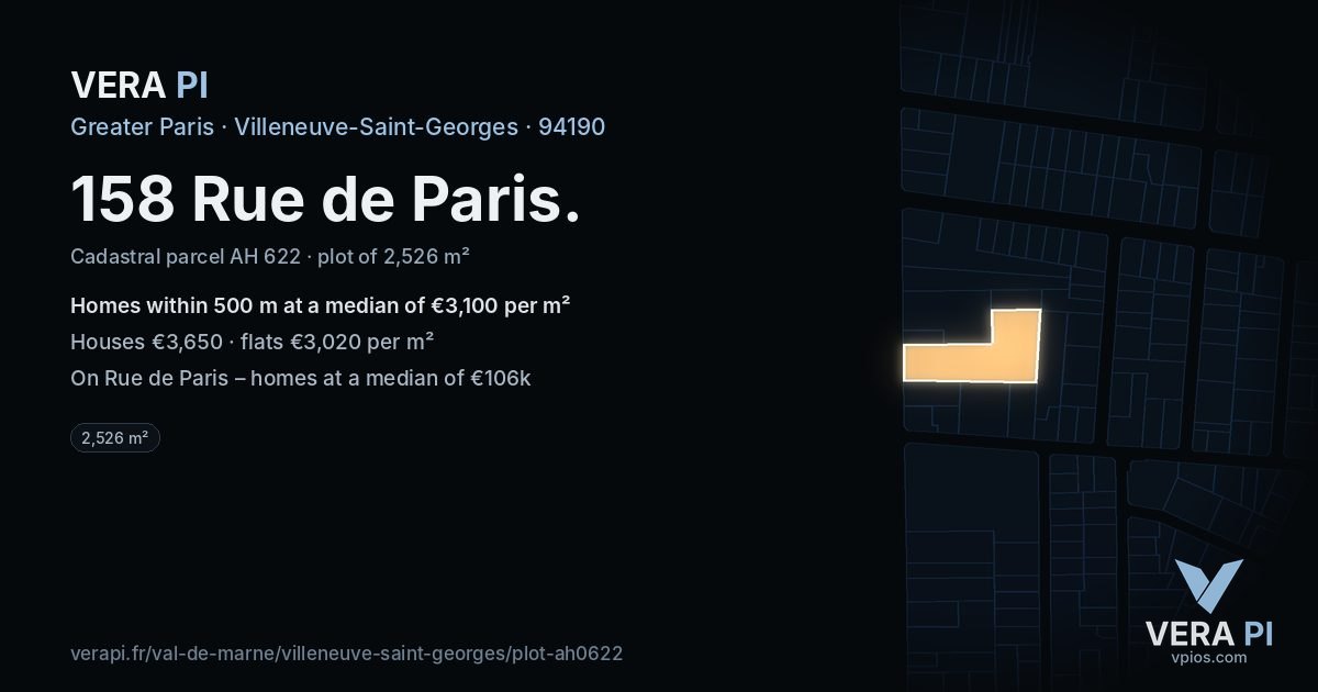 158 Rue de Paris, Villeneuve-Saint-Georges at night – the plot lit, the parcels around coloured by the prices near them