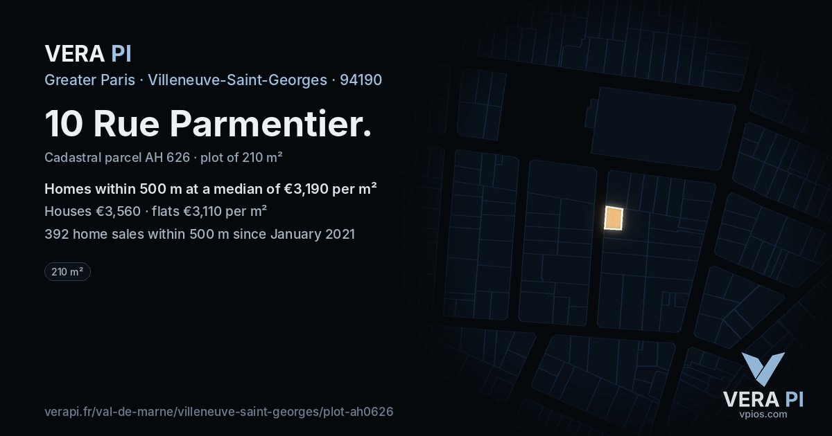 10 Rue Parmentier, Villeneuve-Saint-Georges at night – the plot lit, the parcels around coloured by the prices near them