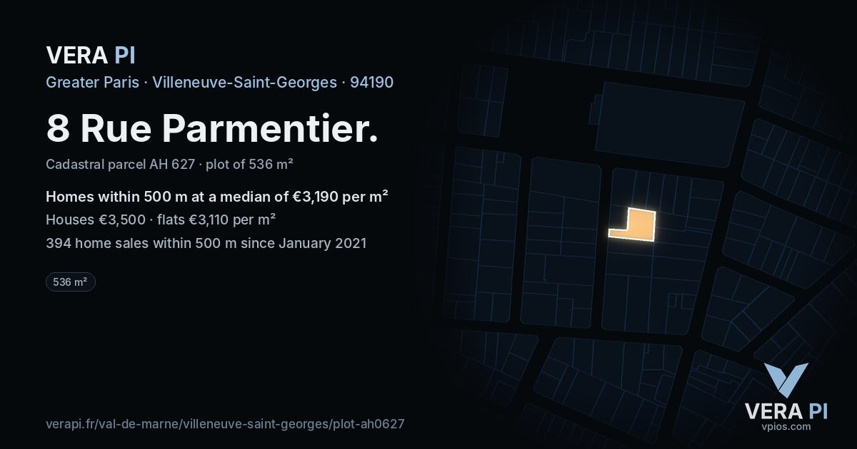 8 Rue Parmentier, Villeneuve-Saint-Georges at night – the plot lit, the parcels around coloured by the prices near them