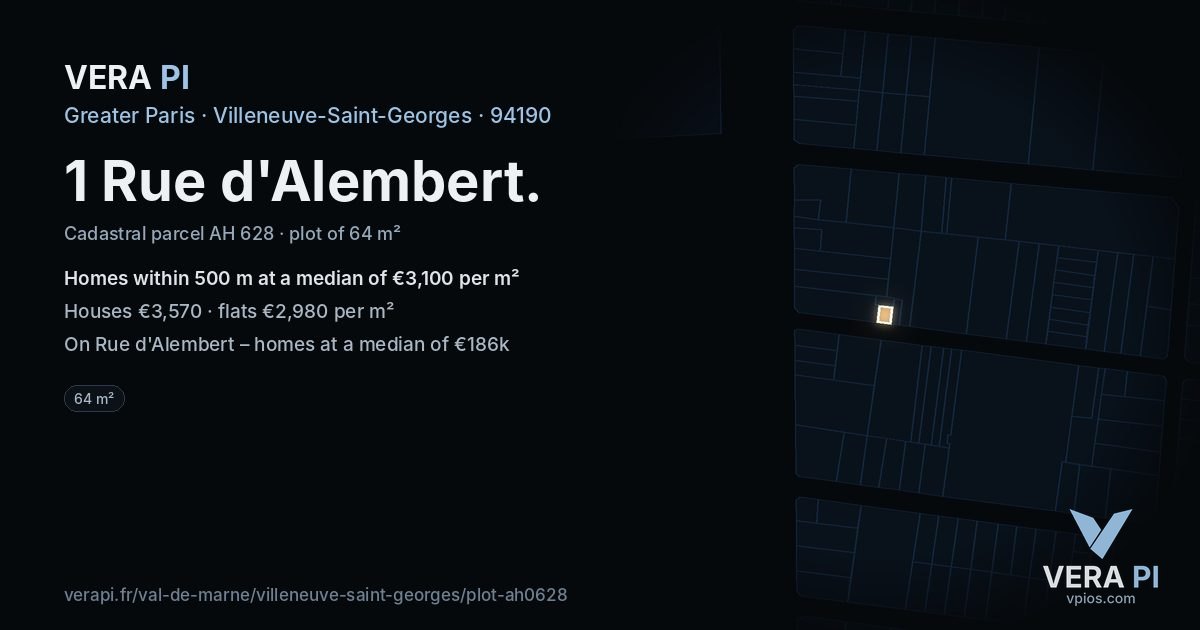 1 Rue d'Alembert, Villeneuve-Saint-Georges at night – the plot lit, the parcels around coloured by the prices near them