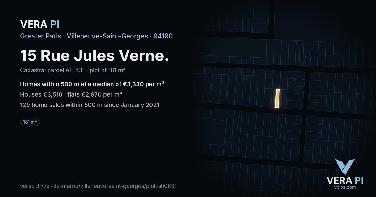 15 Rue Jules Verne, Villeneuve-Saint-Georges at night – the plot lit, the parcels around coloured by the prices near them