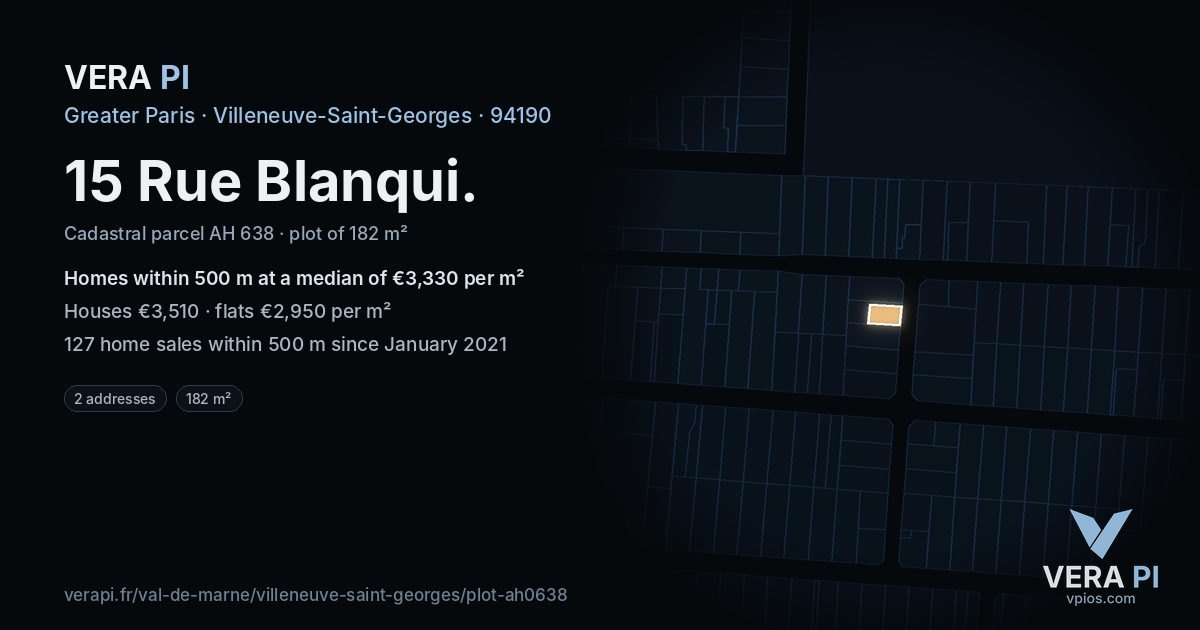 15 Rue Blanqui, Villeneuve-Saint-Georges at night – the plot lit, the parcels around coloured by the prices near them