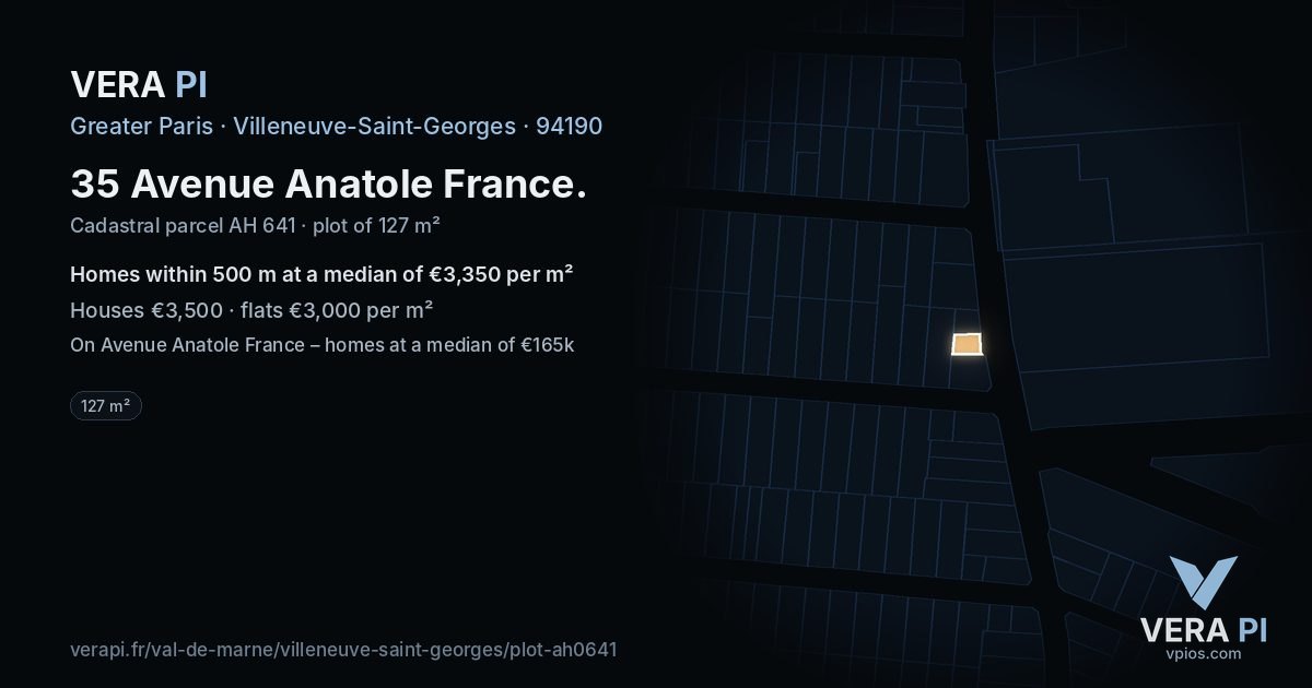 35 Avenue Anatole France, Villeneuve-Saint-Georges at night – the plot lit, the parcels around coloured by the prices near them