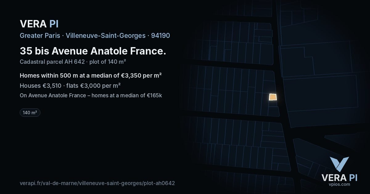 35 bis Avenue Anatole France, Villeneuve-Saint-Georges at night – the plot lit, the parcels around coloured by the prices near them