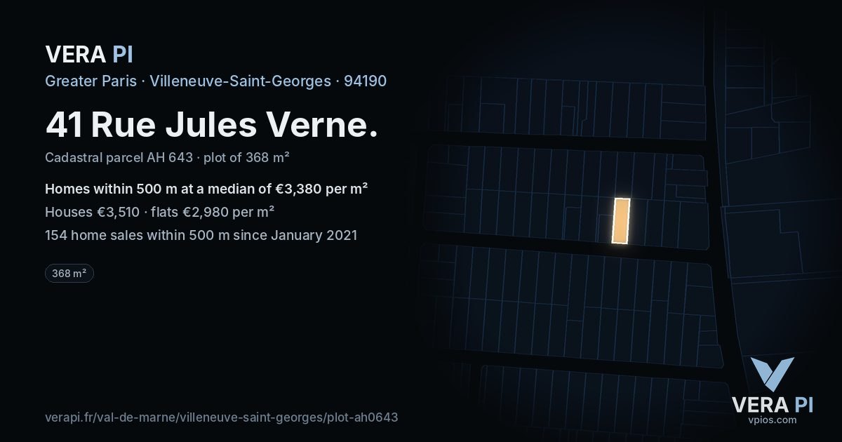 41 Rue Jules Verne, Villeneuve-Saint-Georges at night – the plot lit, the parcels around coloured by the prices near them