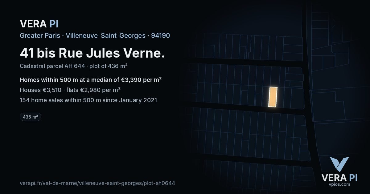 41 bis Rue Jules Verne, Villeneuve-Saint-Georges at night – the plot lit, the parcels around coloured by the prices near them