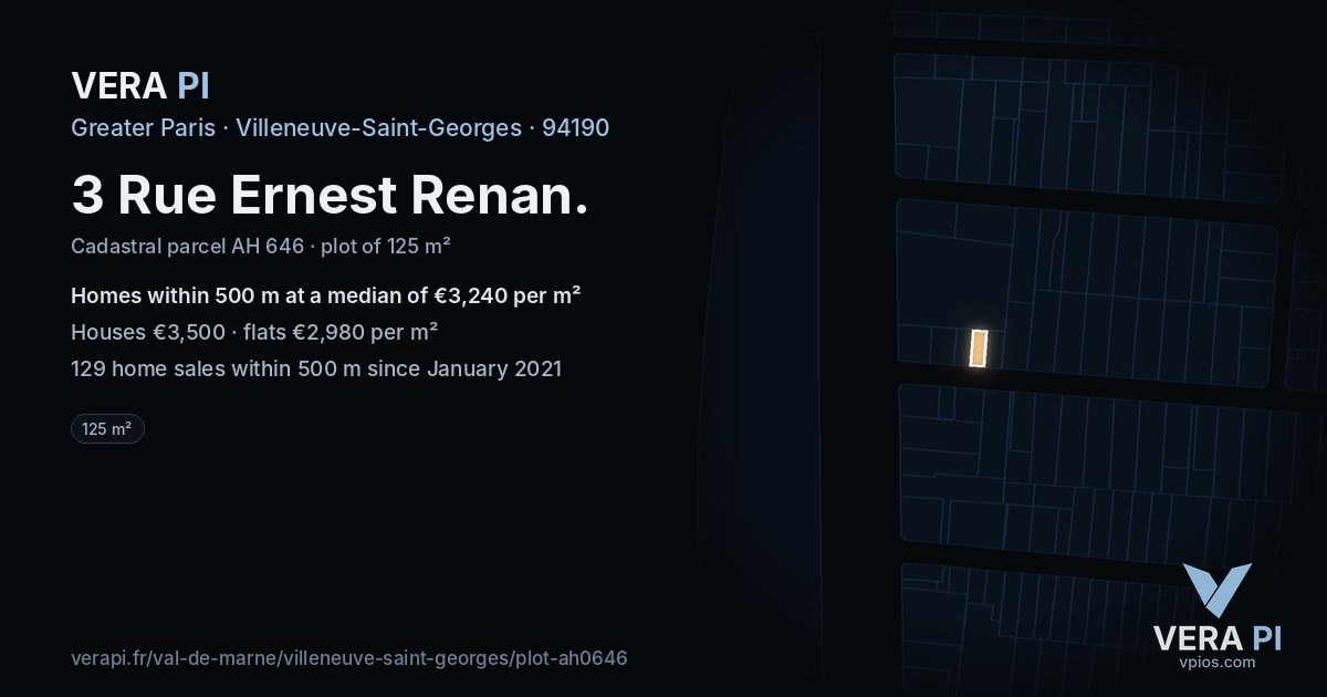 3 Rue Ernest Renan, Villeneuve-Saint-Georges at night – the plot lit, the parcels around coloured by the prices near them