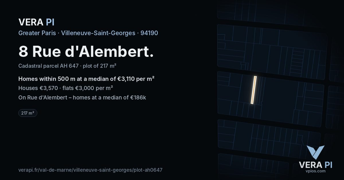 8 Rue d'Alembert, Villeneuve-Saint-Georges at night – the plot lit, the parcels around coloured by the prices near them