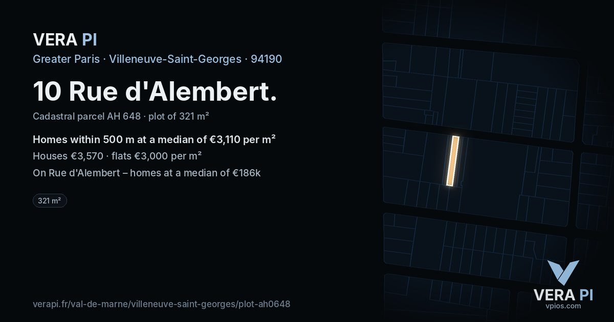10 Rue d'Alembert, Villeneuve-Saint-Georges at night – the plot lit, the parcels around coloured by the prices near them