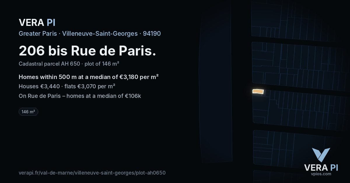 206 bis Rue de Paris, Villeneuve-Saint-Georges at night – the plot lit, the parcels around coloured by the prices near them