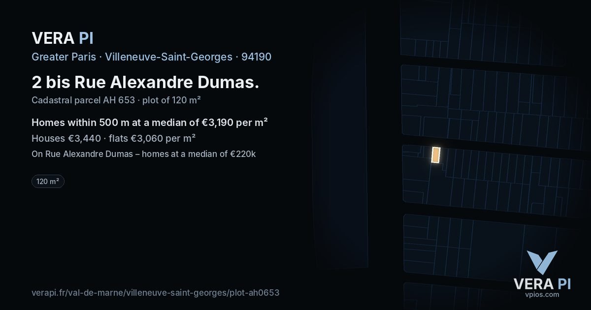 2 bis Rue Alexandre Dumas, Villeneuve-Saint-Georges at night – the plot lit, the parcels around coloured by the prices near them