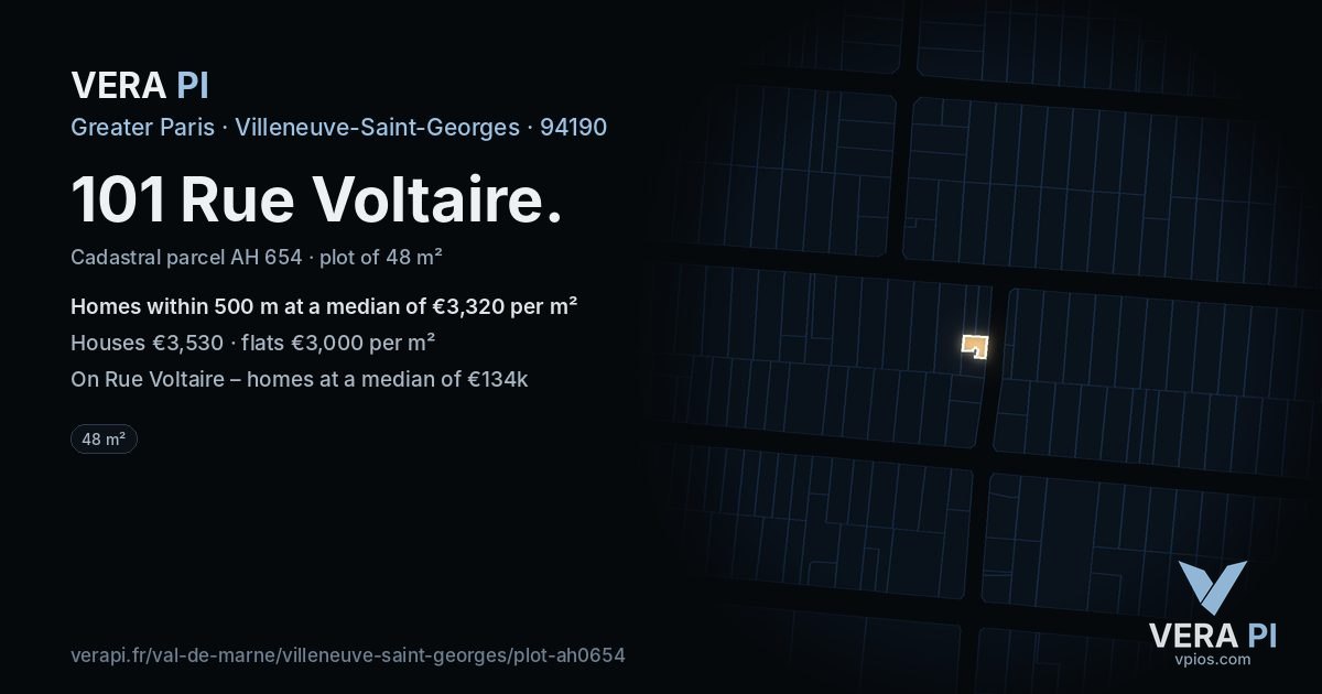 101 Rue Voltaire, Villeneuve-Saint-Georges at night – the plot lit, the parcels around coloured by the prices near them