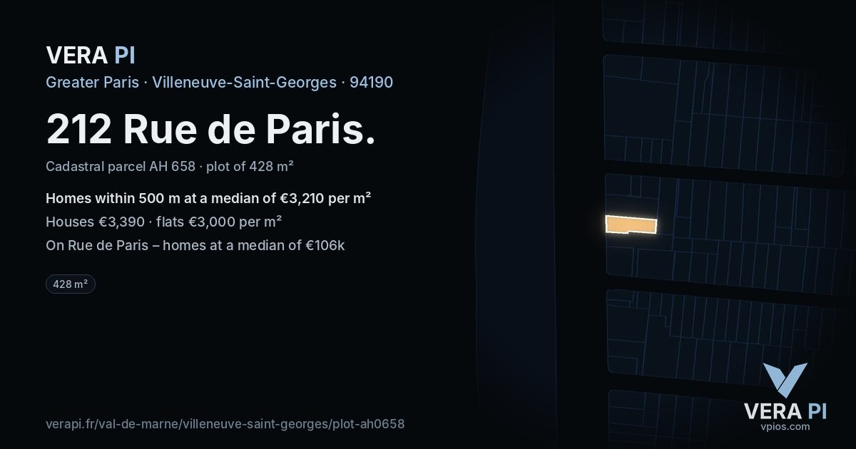 212 Rue de Paris, Villeneuve-Saint-Georges at night – the plot lit, the parcels around coloured by the prices near them
