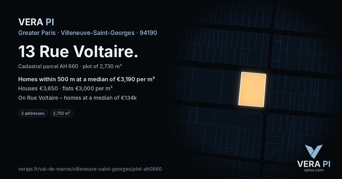 13 Rue Voltaire, Villeneuve-Saint-Georges at night – the plot lit, the parcels around coloured by the prices near them