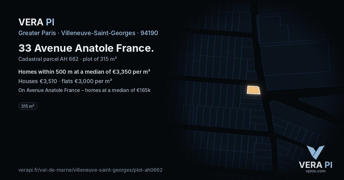 33 Avenue Anatole France, Villeneuve-Saint-Georges at night – the plot lit, the parcels around coloured by the prices near them