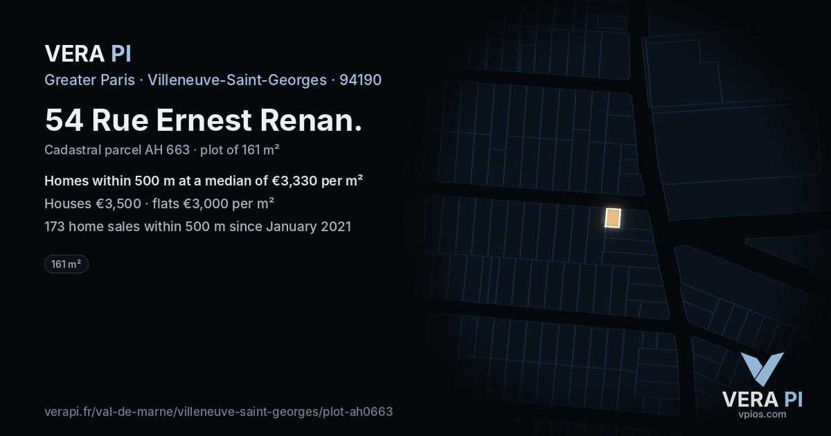 54 Rue Ernest Renan, Villeneuve-Saint-Georges at night – the plot lit, the parcels around coloured by the prices near them