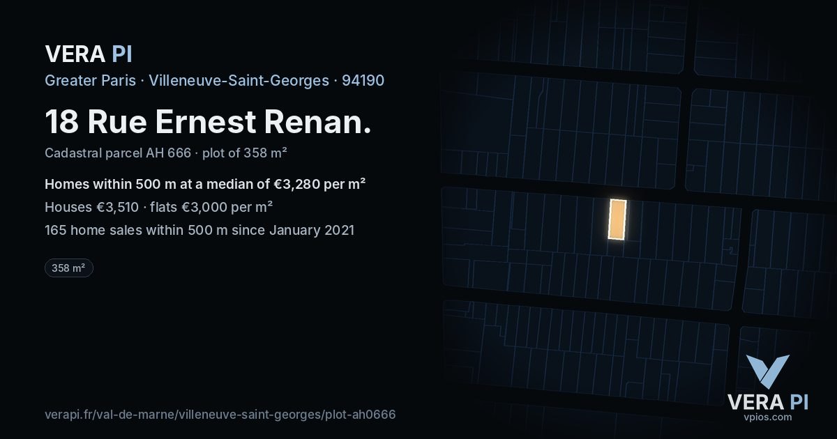 18 Rue Ernest Renan, Villeneuve-Saint-Georges at night – the plot lit, the parcels around coloured by the prices near them