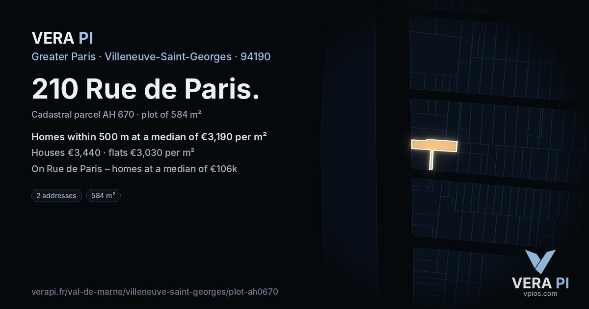 210 Rue de Paris, Villeneuve-Saint-Georges at night – the plot lit, the parcels around coloured by the prices near them