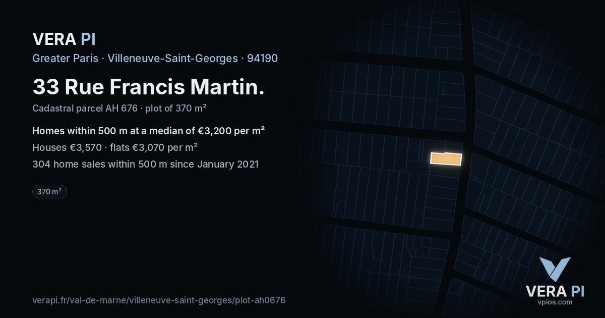 33 Rue Francis Martin, Villeneuve-Saint-Georges at night – the plot lit, the parcels around coloured by the prices near them