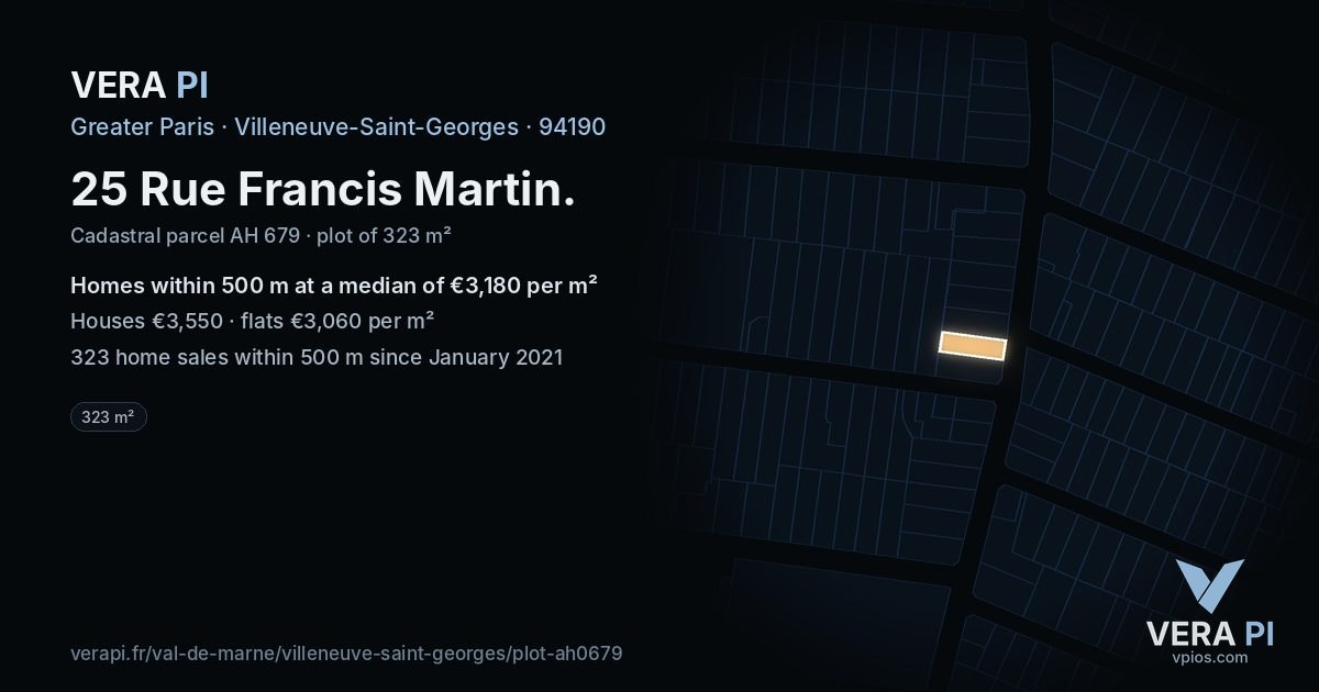 25 Rue Francis Martin, Villeneuve-Saint-Georges at night – the plot lit, the parcels around coloured by the prices near them