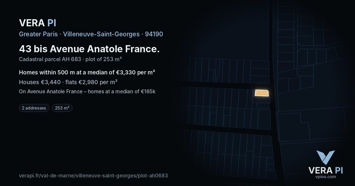 43 bis Avenue Anatole France, Villeneuve-Saint-Georges at night – the plot lit, the parcels around coloured by the prices near them