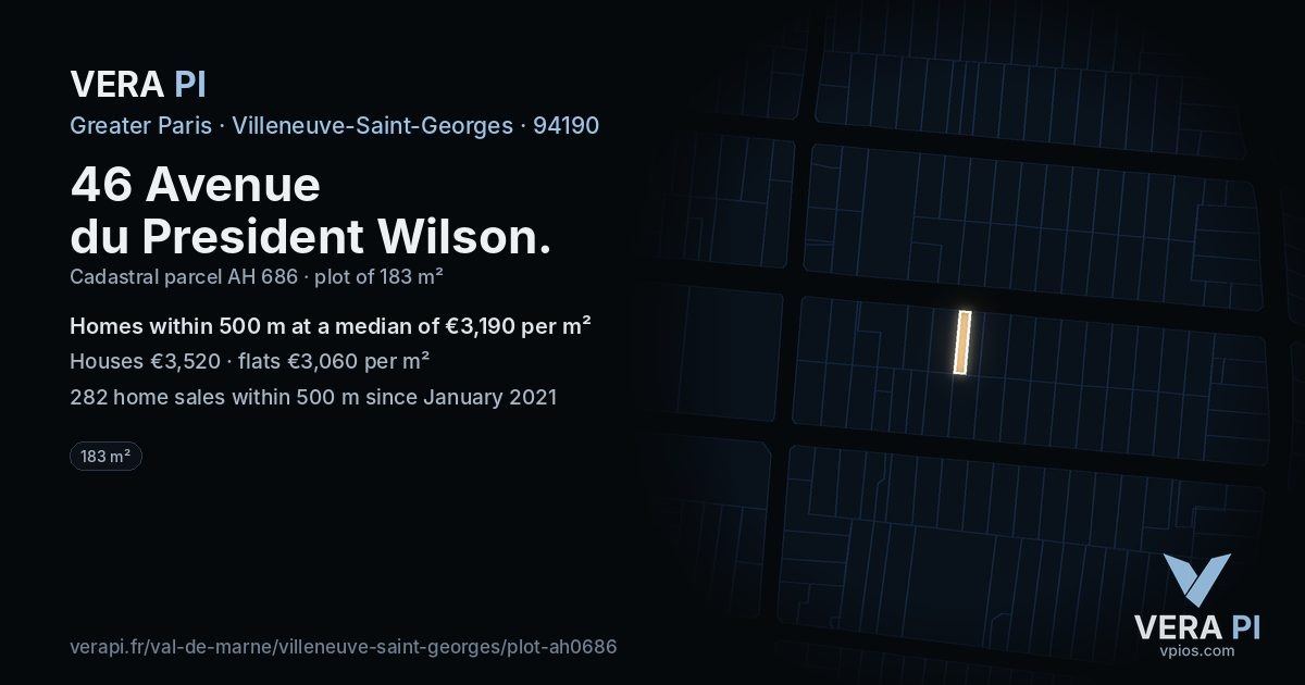 46 Avenue du President Wilson, Villeneuve-Saint-Georges at night – the plot lit, the parcels around coloured by the prices near them