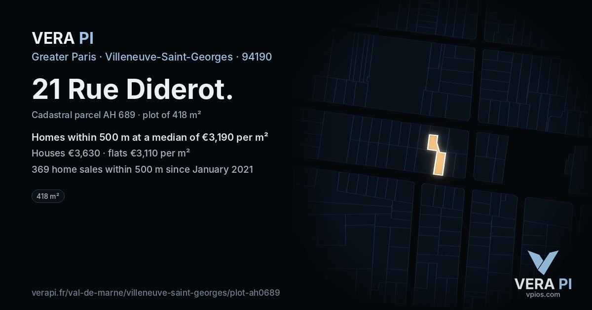 21 Rue Diderot, Villeneuve-Saint-Georges at night – the plot lit, the parcels around coloured by the prices near them
