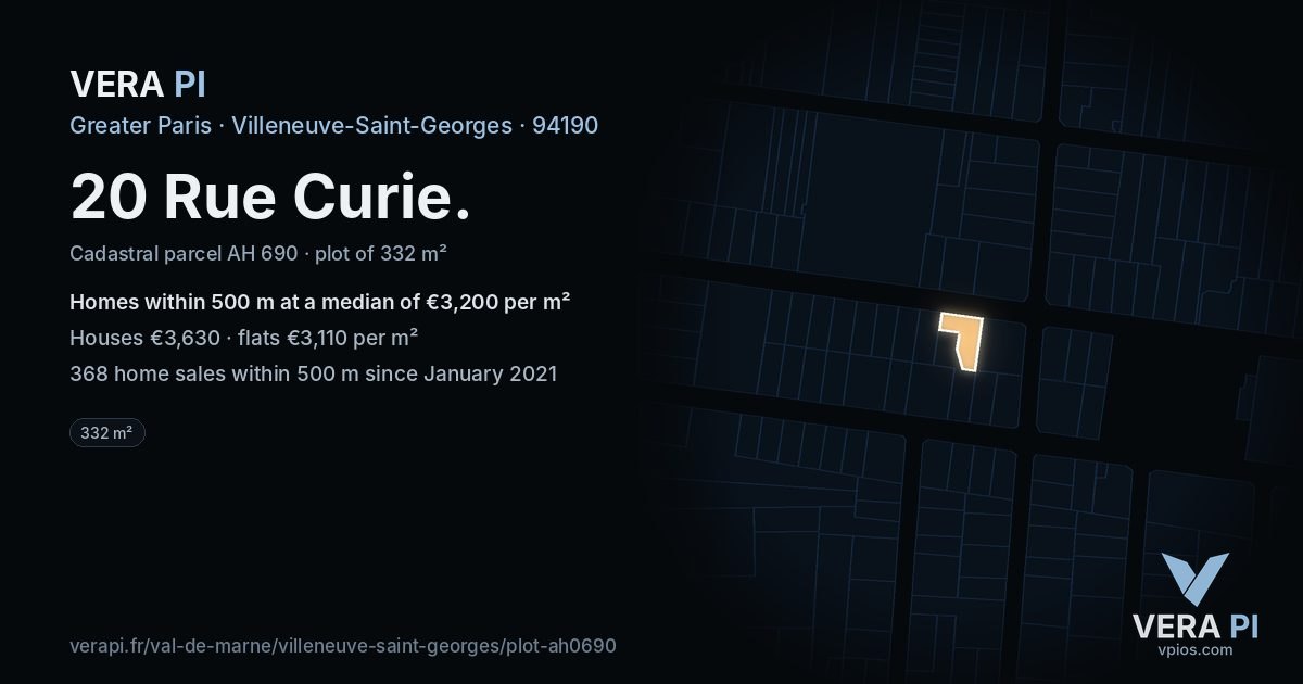 20 Rue Curie, Villeneuve-Saint-Georges at night – the plot lit, the parcels around coloured by the prices near them