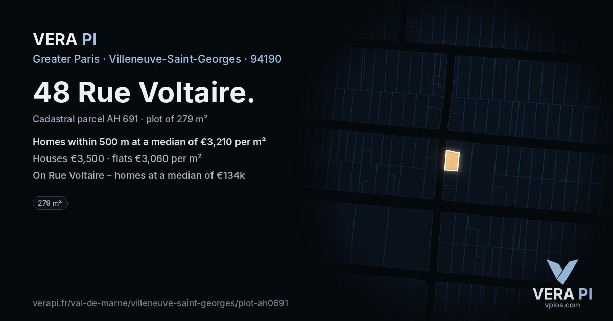 48 Rue Voltaire, Villeneuve-Saint-Georges at night – the plot lit, the parcels around coloured by the prices near them