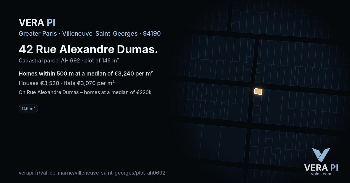 42 Rue Alexandre Dumas, Villeneuve-Saint-Georges at night – the plot lit, the parcels around coloured by the prices near them