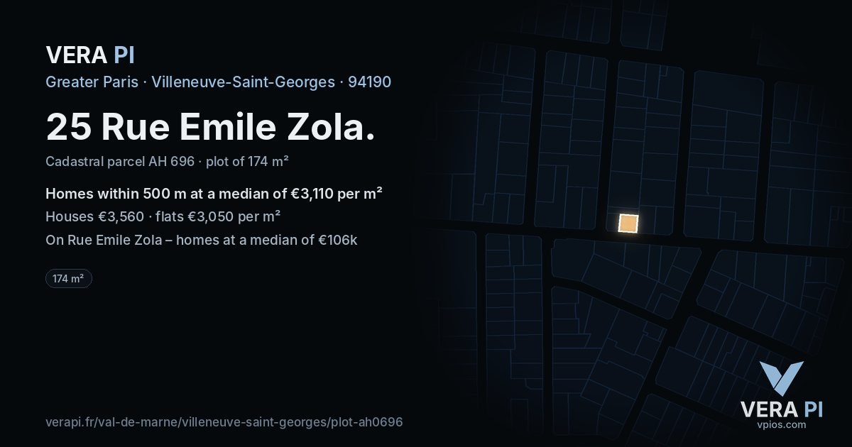 25 Rue Emile Zola, Villeneuve-Saint-Georges at night – the plot lit, the parcels around coloured by the prices near them