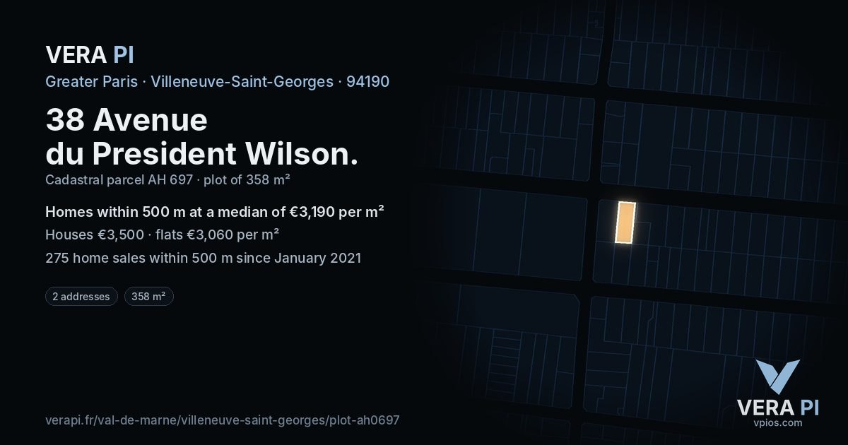 38 Avenue du President Wilson, Villeneuve-Saint-Georges at night – the plot lit, the parcels around coloured by the prices near them