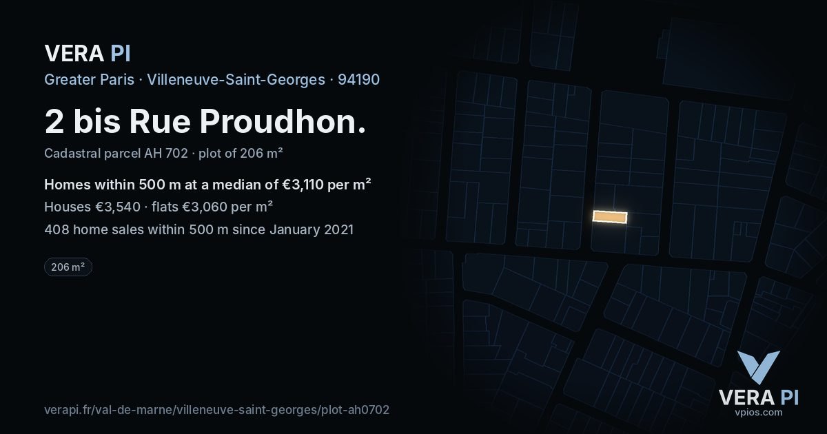 2 bis Rue Proudhon, Villeneuve-Saint-Georges at night – the plot lit, the parcels around coloured by the prices near them
