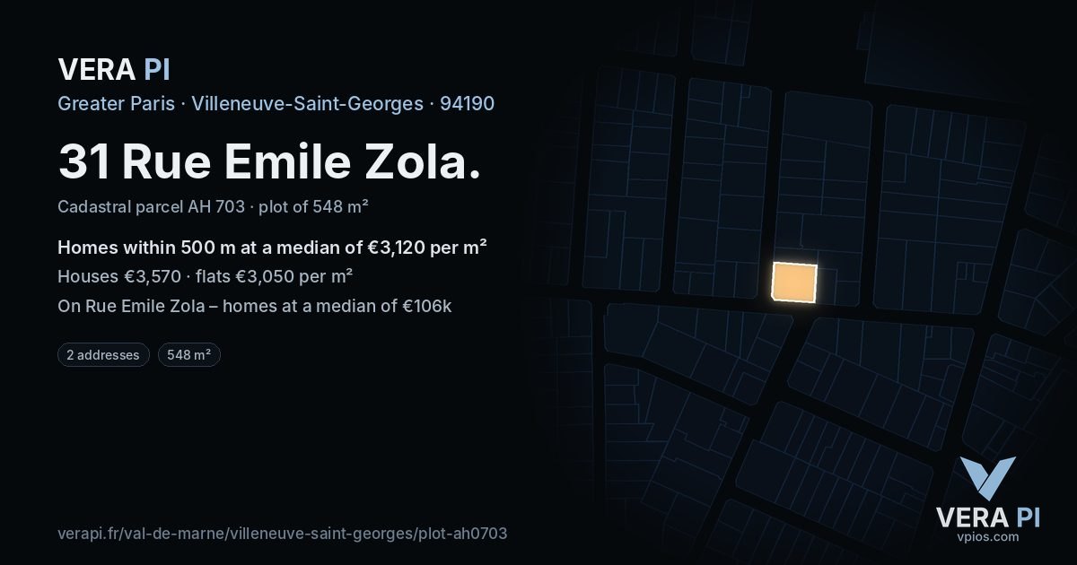 31 Rue Emile Zola, Villeneuve-Saint-Georges at night – the plot lit, the parcels around coloured by the prices near them