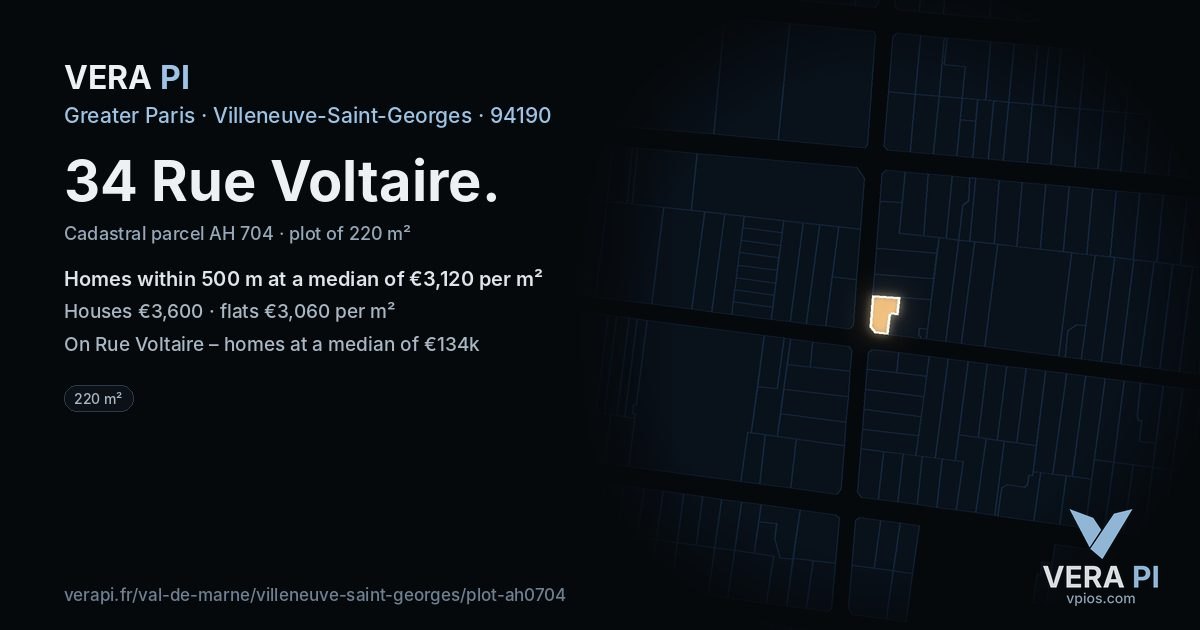 34 Rue Voltaire, Villeneuve-Saint-Georges at night – the plot lit, the parcels around coloured by the prices near them