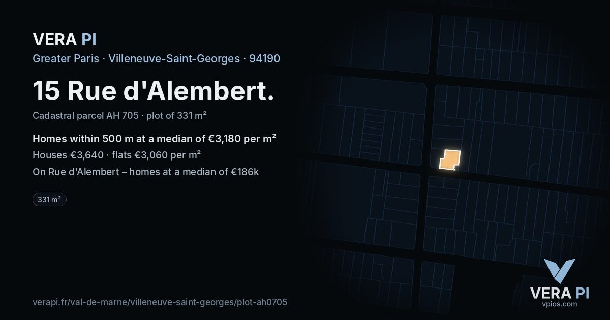 15 Rue d'Alembert, Villeneuve-Saint-Georges at night – the plot lit, the parcels around coloured by the prices near them