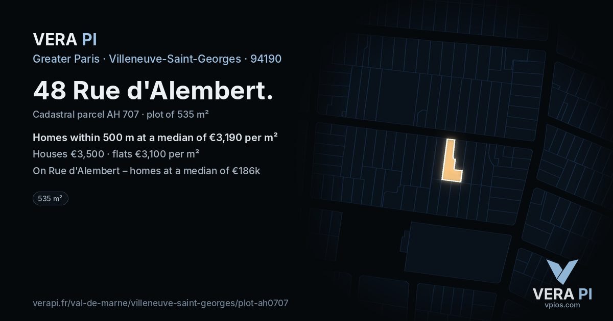 48 Rue d'Alembert, Villeneuve-Saint-Georges at night – the plot lit, the parcels around coloured by the prices near them