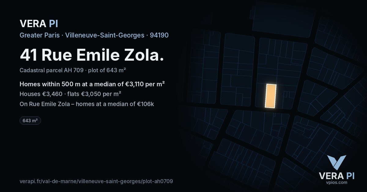 41 Rue Emile Zola, Villeneuve-Saint-Georges at night – the plot lit, the parcels around coloured by the prices near them