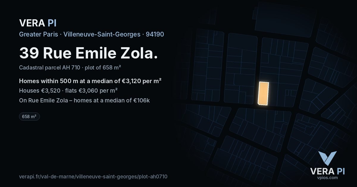 39 Rue Emile Zola, Villeneuve-Saint-Georges at night – the plot lit, the parcels around coloured by the prices near them