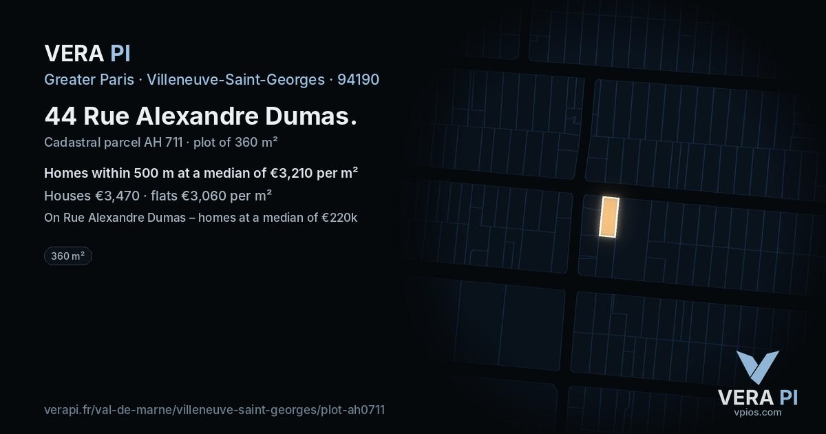 44 Rue Alexandre Dumas, Villeneuve-Saint-Georges at night – the plot lit, the parcels around coloured by the prices near them