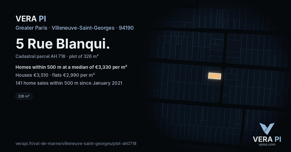 5 Rue Blanqui, Villeneuve-Saint-Georges at night – the plot lit, the parcels around coloured by the prices near them
