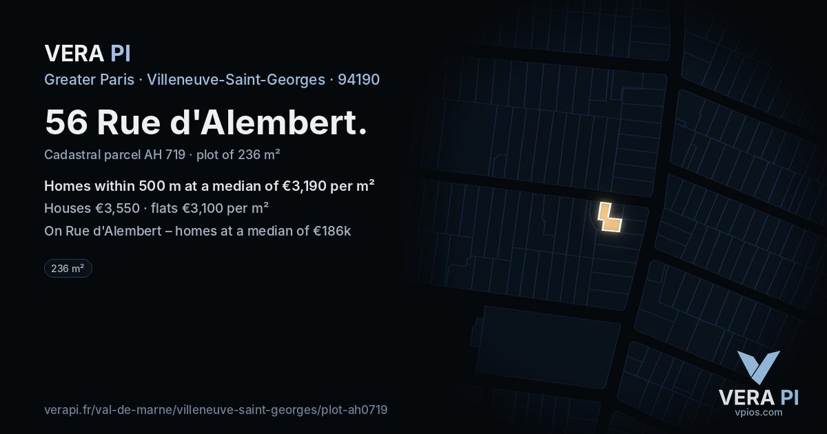 56 Rue d'Alembert, Villeneuve-Saint-Georges at night – the plot lit, the parcels around coloured by the prices near them