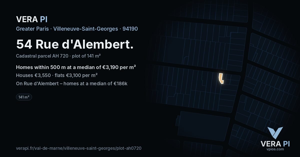 54 Rue d'Alembert, Villeneuve-Saint-Georges at night – the plot lit, the parcels around coloured by the prices near them