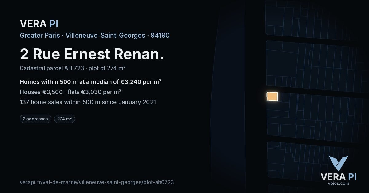 2 Rue Ernest Renan, Villeneuve-Saint-Georges at night – the plot lit, the parcels around coloured by the prices near them
