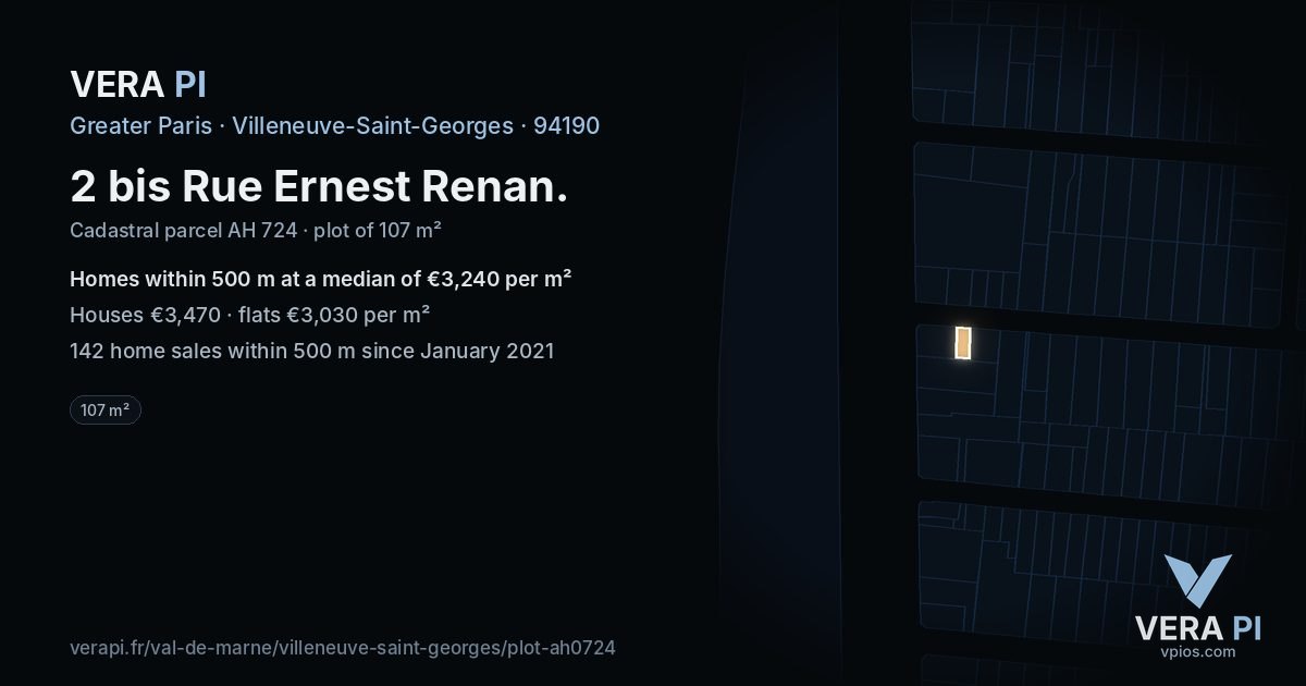 2 bis Rue Ernest Renan, Villeneuve-Saint-Georges at night – the plot lit, the parcels around coloured by the prices near them