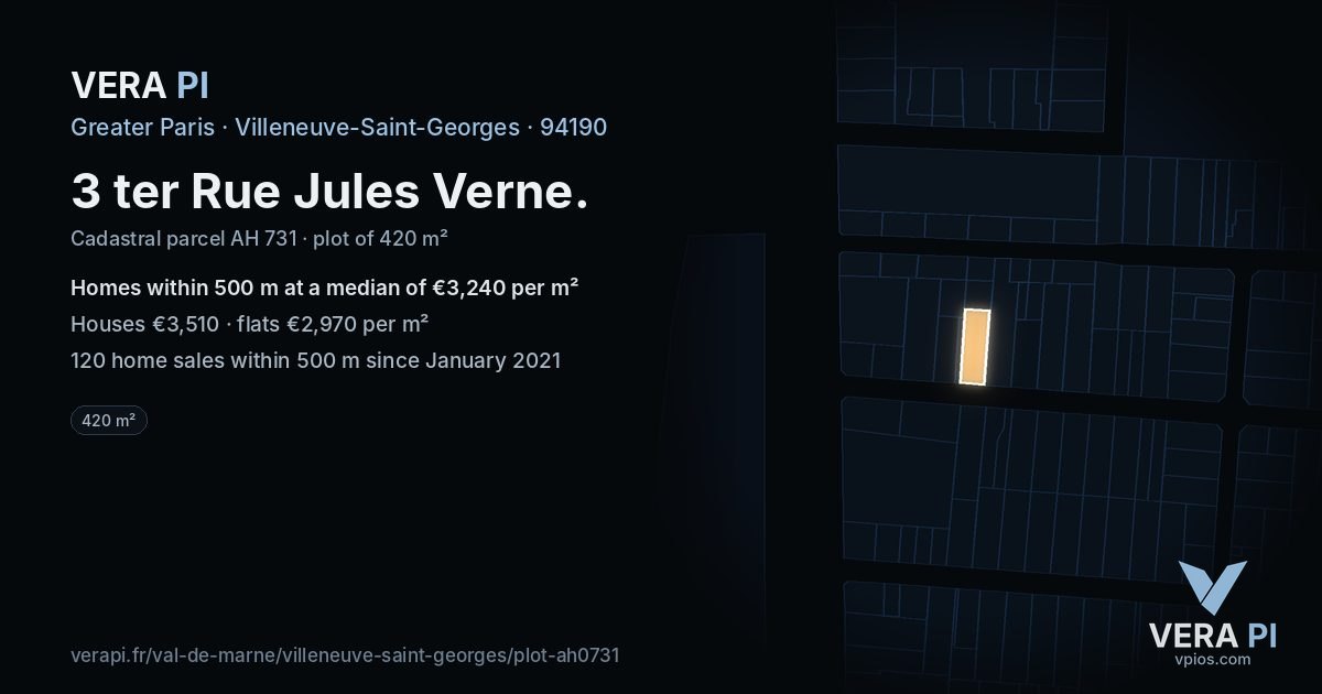 3 ter Rue Jules Verne, Villeneuve-Saint-Georges at night – the plot lit, the parcels around coloured by the prices near them