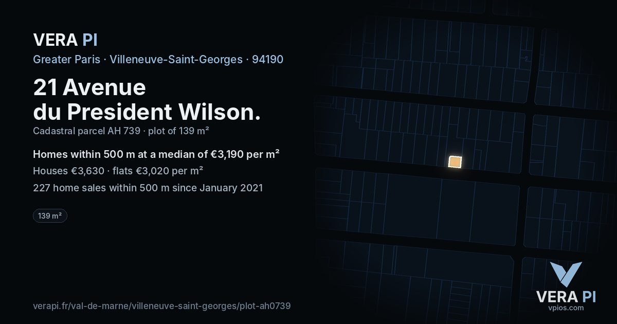 21 Avenue du President Wilson, Villeneuve-Saint-Georges at night – the plot lit, the parcels around coloured by the prices near them