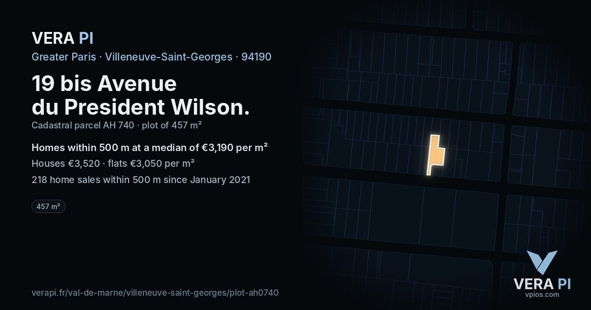 19 bis Avenue du President Wilson, Villeneuve-Saint-Georges at night – the plot lit, the parcels around coloured by the prices near them