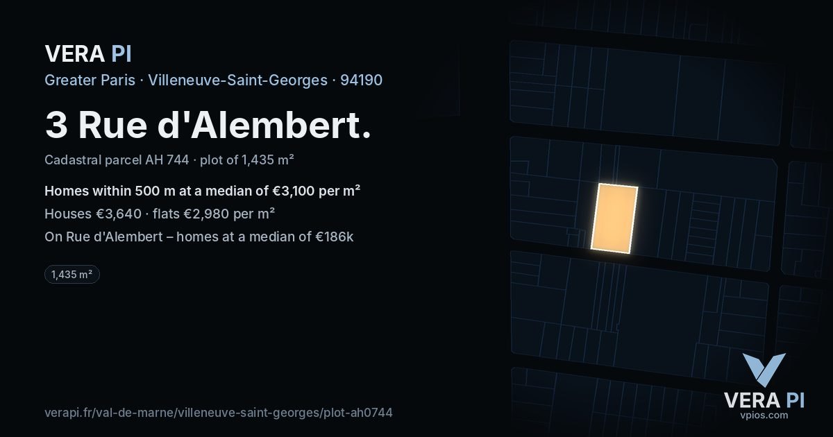 3 Rue d'Alembert, Villeneuve-Saint-Georges at night – the plot lit, the parcels around coloured by the prices near them